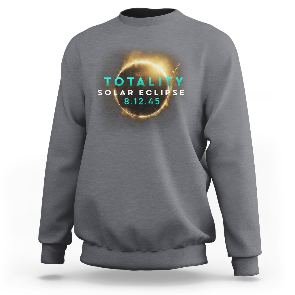 Gray heather crewneck sweatshirt with "TOTALITY SOLAR ECLIPSE 8.12.45" eclipse graphic