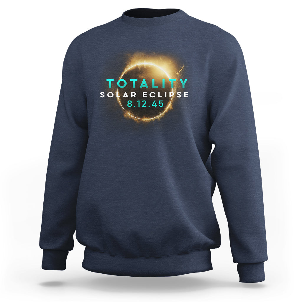 Navy crewneck sweatshirt with "TOTALITY SOLAR ECLIPSE 8.12.45" eclipse ring graphic