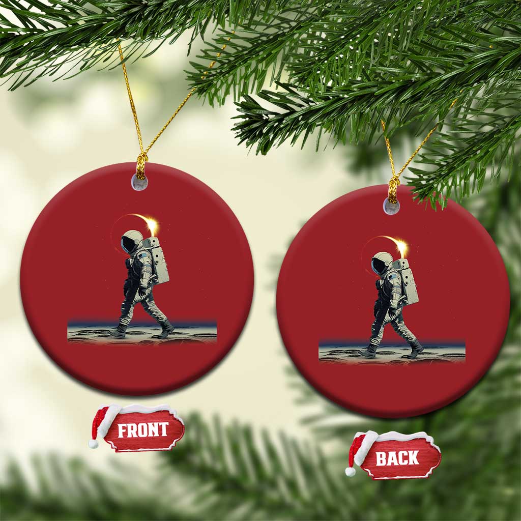 Set of red round astronaut ornaments with gold hangers; front and back tags shown