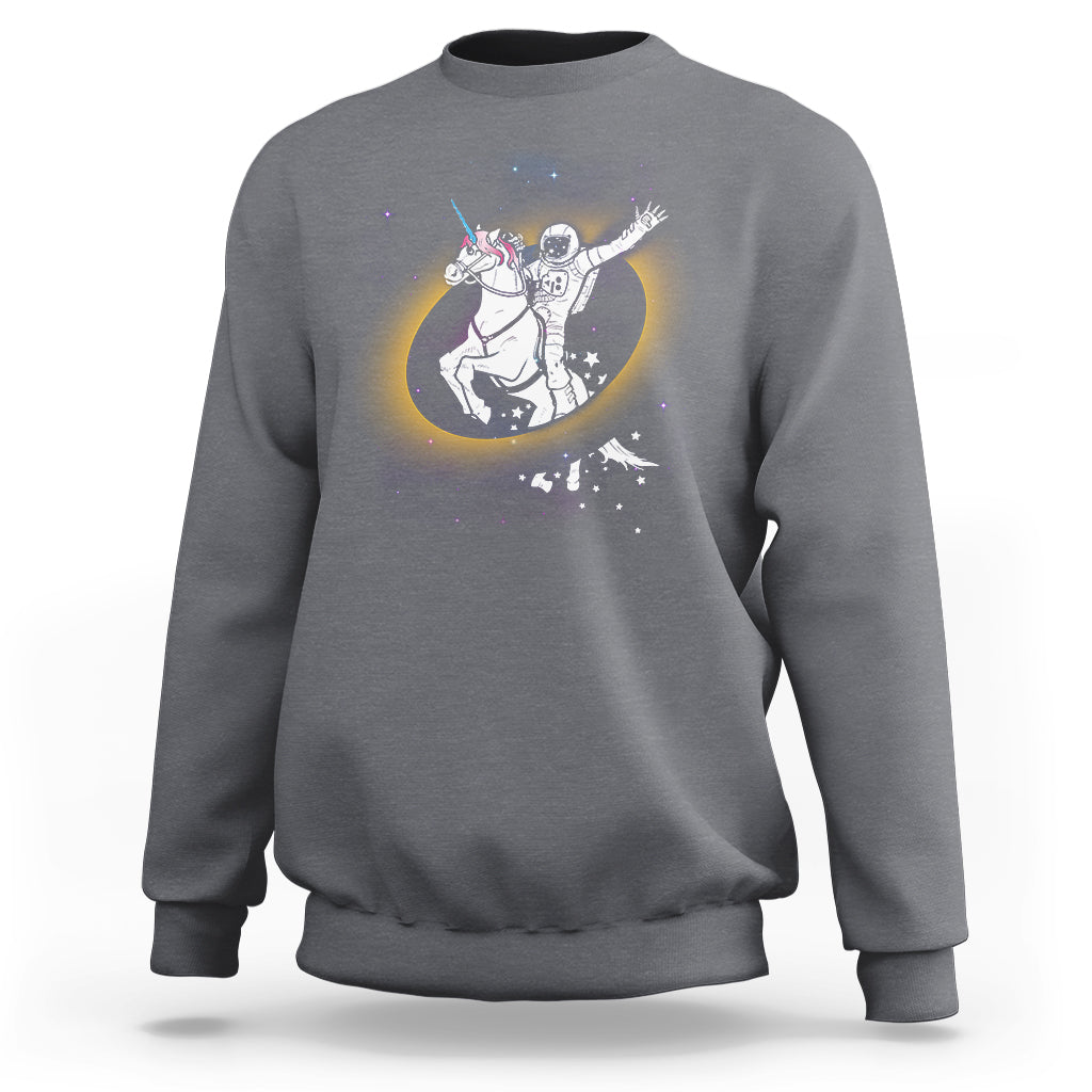 Astronaut sweatshirt in charcoal gray with unicorn riding eclipse graphic on front