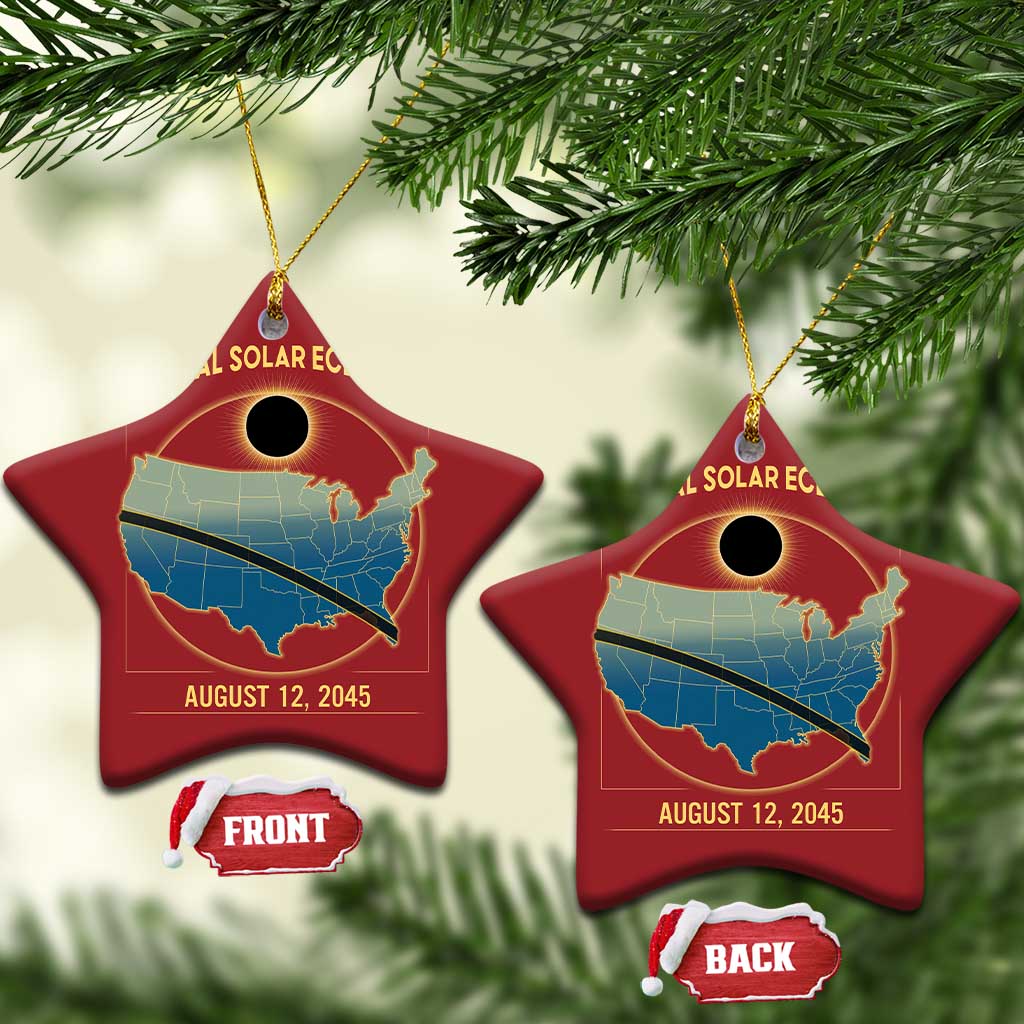Two red star-shaped solar eclipse map Christmas ornaments with gold hanging loops