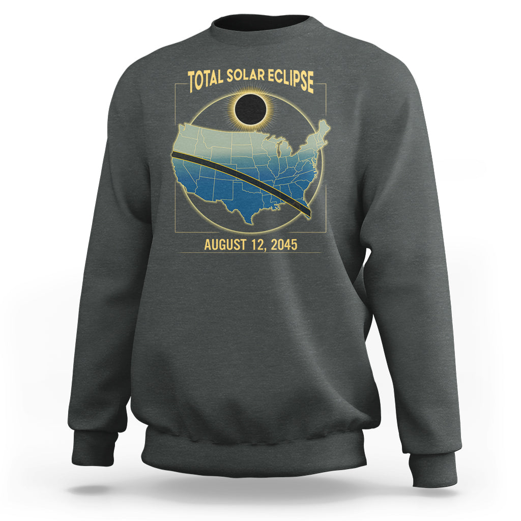 Charcoal crewneck sweatshirt with eclipse map graphic and 'AUGUST 12, 2045' text
