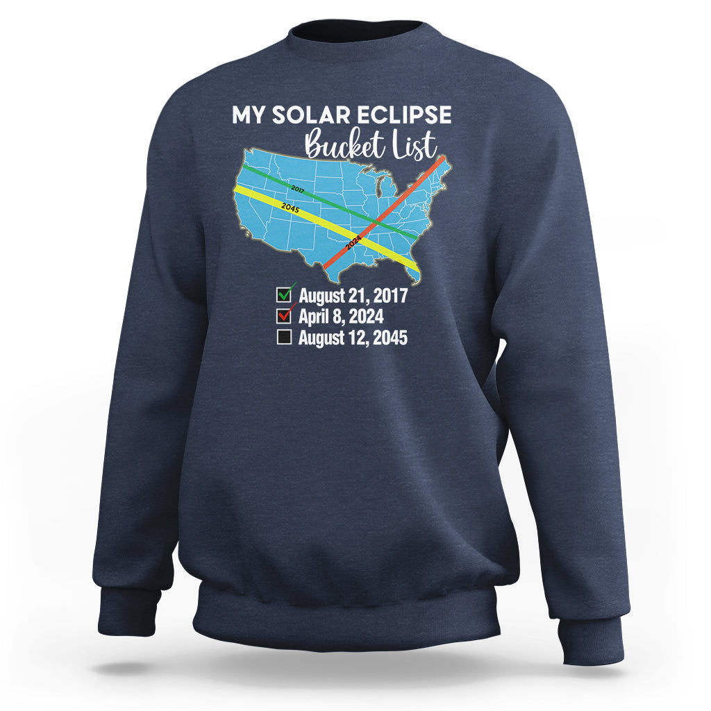 Navy crewneck sweatshirt with eclipse map graphic and event dates on back