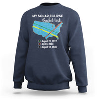 Navy crewneck sweatshirt with eclipse map graphic and event dates on back