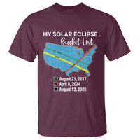 Maroon graphic T-shirt with “bucket list” map and eclipse date text