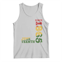 Light gray tank top with colorful Juneteenth graphic text print front