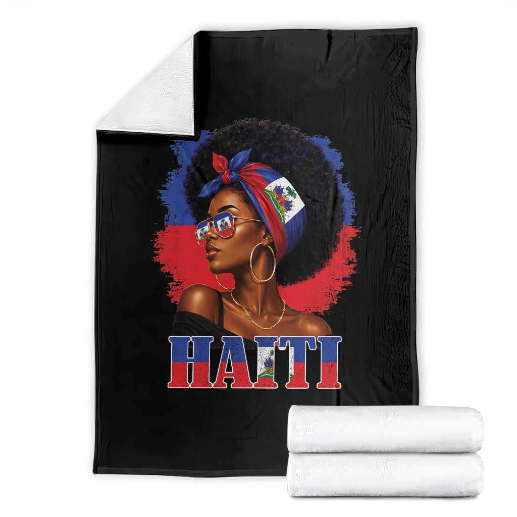 Haitian Queen Afro Melanin Graphic Throw Blanket Haiti Flag Heritage Pride