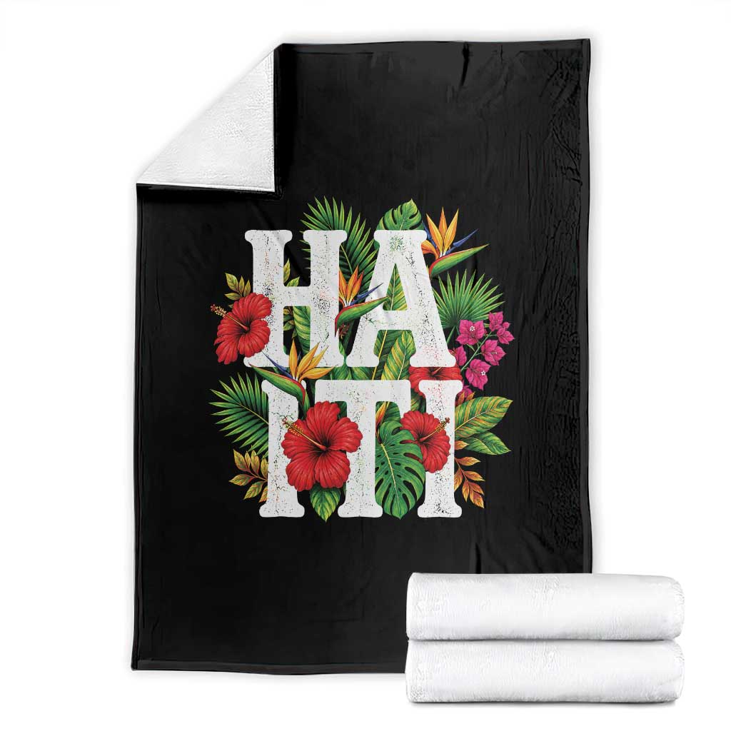 Haiti Tropical Floral Hibiscus Palm Leaves Island Graphic Throw Blanket Haitian Heritage Pride