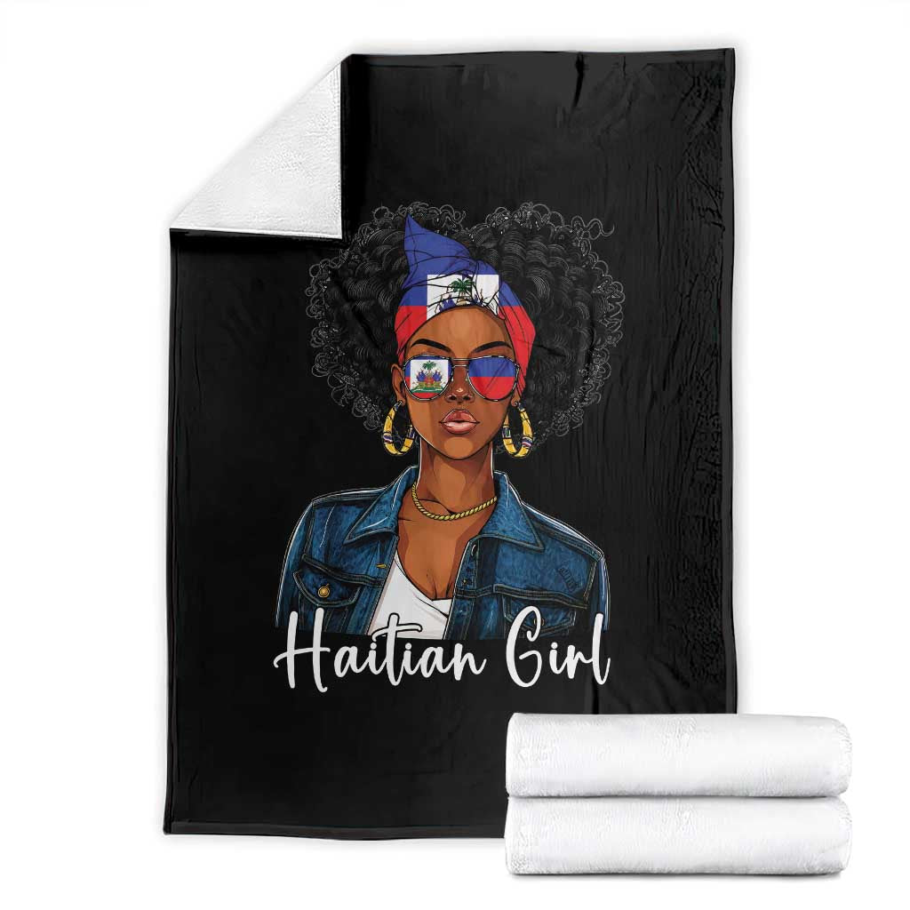 Proud Haitian Afro Girl in Denim Jacket Style Graphic Throw Blanket Haiti Heritage Pride