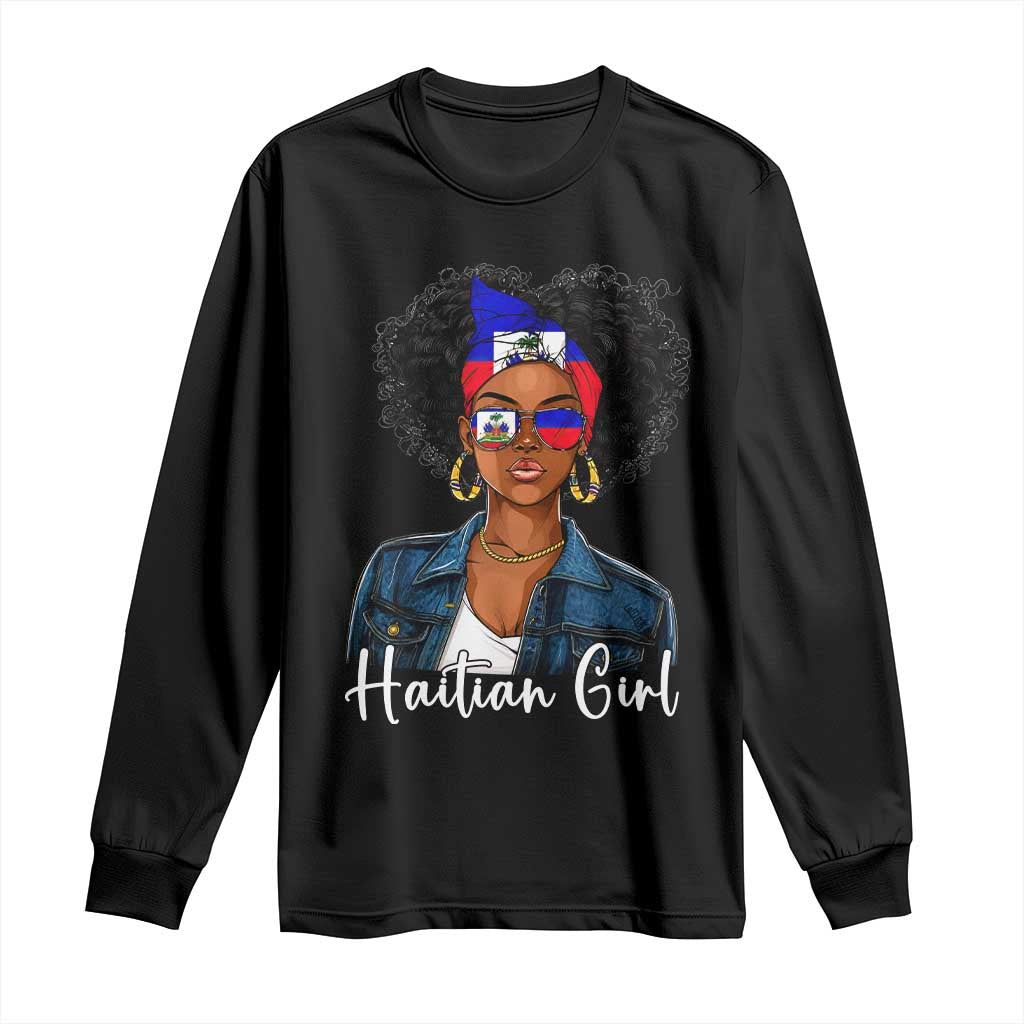 Proud Haitian Afro Girl in Denim Jacket Style Graphic Long Sleeve Shirt Haiti Heritage Pride