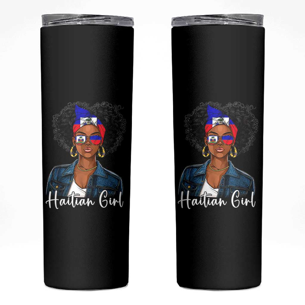 Proud Haitian Afro Girl in Denim Jacket Style Graphic Skinny Tumbler Haiti Heritage Pride