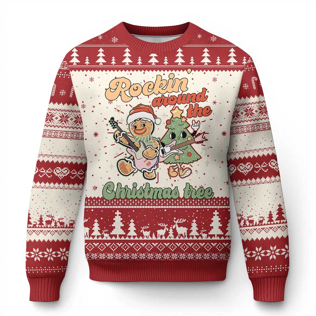 Red Christmas sweater with holiday border patterns and gingerbread tree character graphic