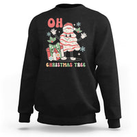 Black crewneck sweatshirt with cartoon Santa and “OH CHRISTMAS TREE” graphic