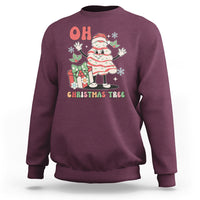 Maroon crewneck sweatshirt with cartoon Santa and “OH CHRISTMAS TREE” graphic