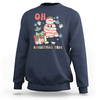 Navy crewneck sweatshirt with cartoon Santa holding a gift and “OH CHRISTMAS TREE”