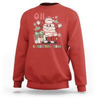 Red crewneck sweatshirt with cartoon Santa and “OH CHRISTMAS TREE” graphic