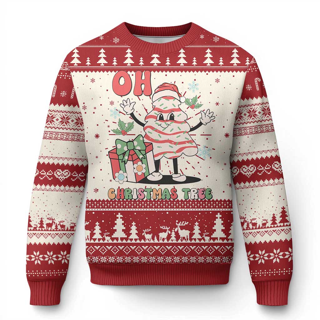 Red crewneck ugly Christmas sweater with “Oh Christmas Tree” graphic, long sleeves, ribbed cuffs