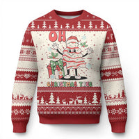 Red crewneck ugly Christmas sweater with “Oh Christmas Tree” graphic, long sleeves, ribbed cuffs