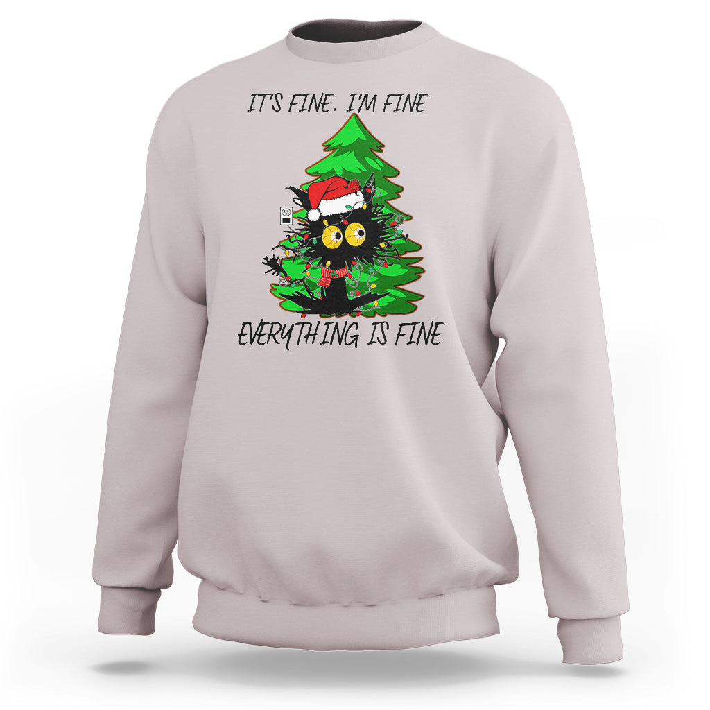 Light gray Christmas sweatshirt with black cat and green tree graphic