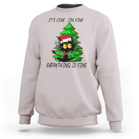Light gray Christmas sweatshirt with black cat and green tree graphic