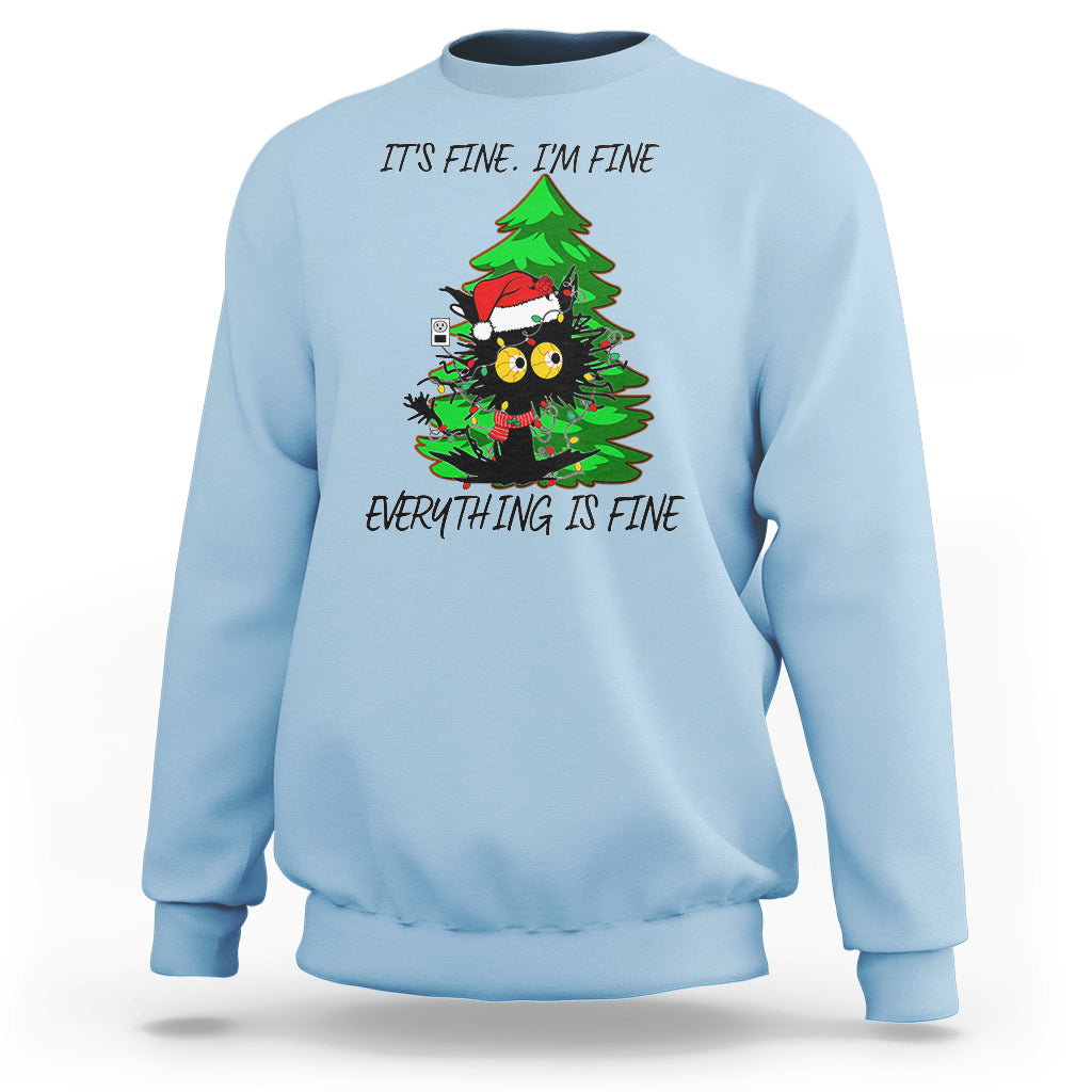 Light blue Christmas sweatshirt with black cat and green tree graphic