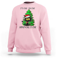 Light pink Christmas sweatshirt with black cat and green tree graphic