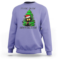 Violet Christmas sweatshirt with black cat and green tree graphic