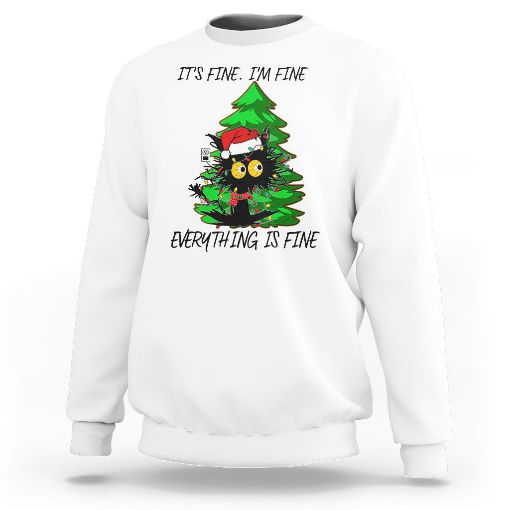 White Christmas sweatshirt with black cat and green tree graphic