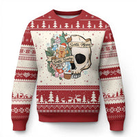 Red and white crewneck ugly Christmas sweater with skull Santa graphic, long sleeves