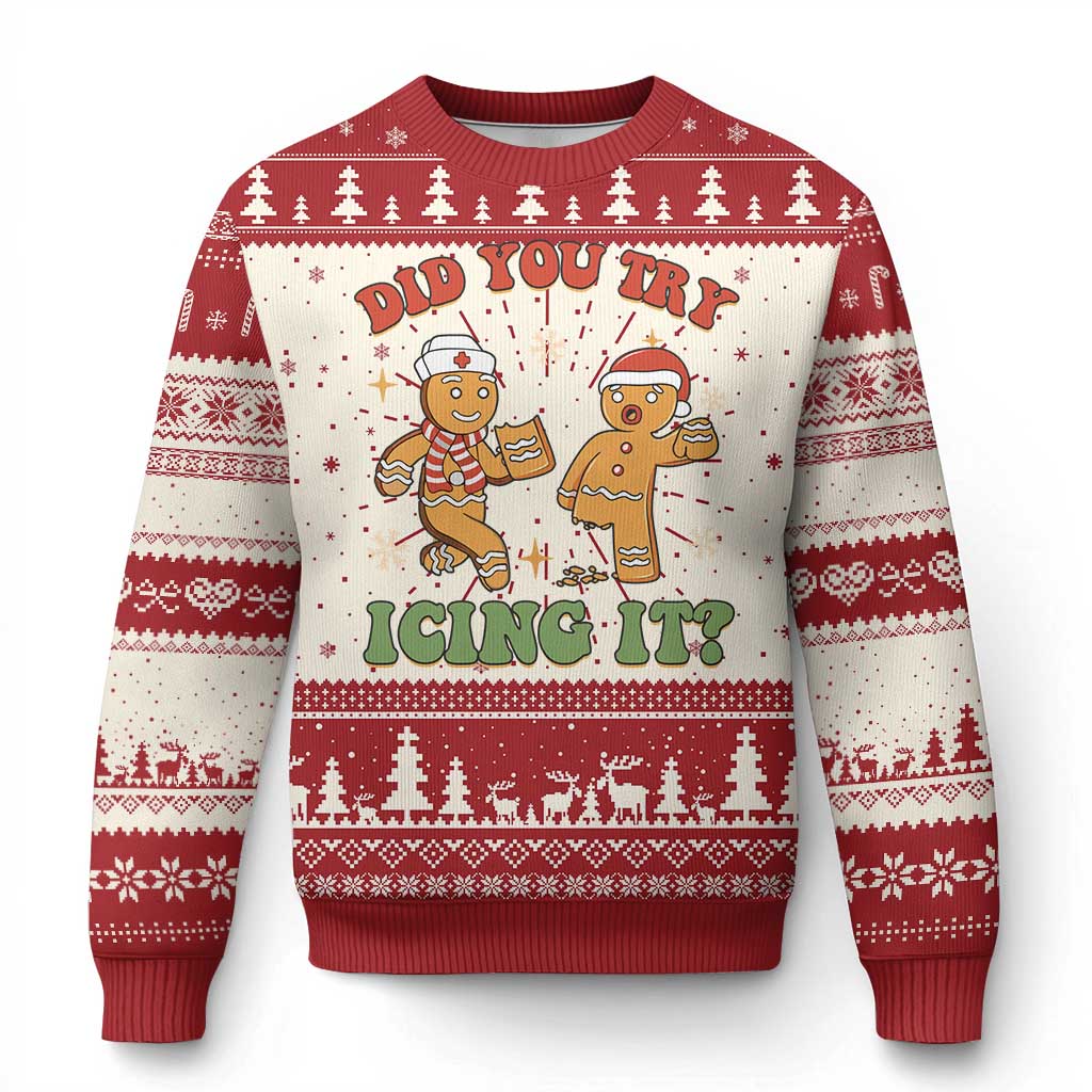 Red and cream ugly Christmas sweater with nurse cartoon and 'ICING IT' slogan