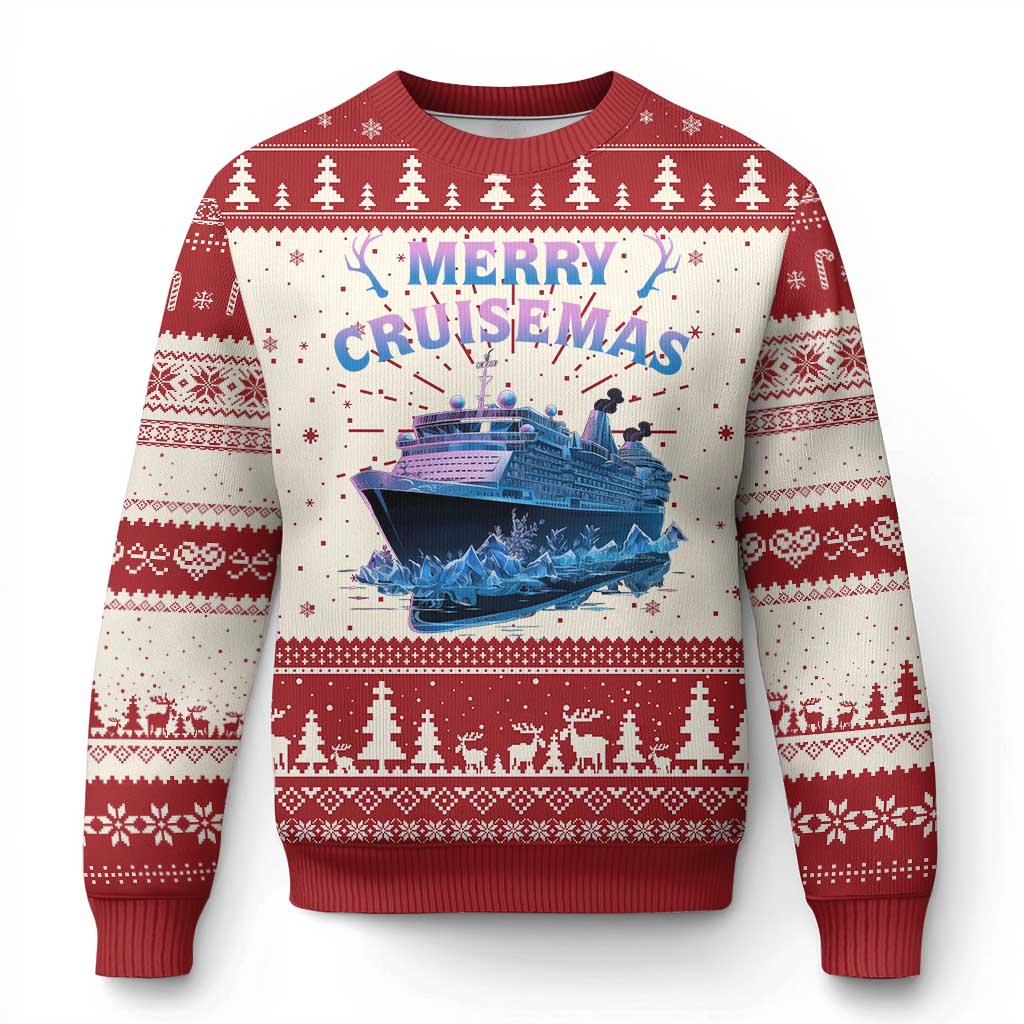 Red Christmas sweater with “Merry Cruisemas” text, ship graphic, and holiday pattern hem