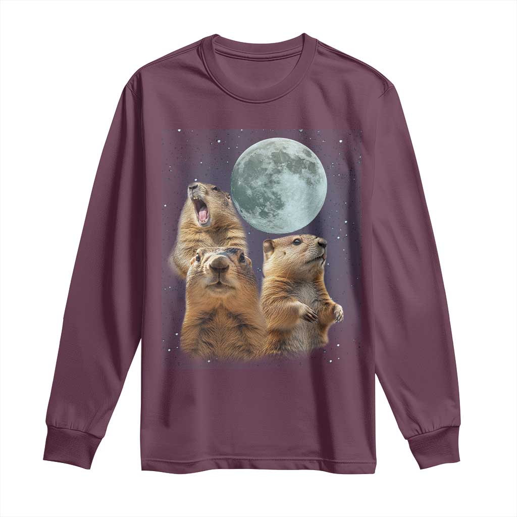 Funny Three Groundhog Meme Long Sleeve Shirt Woodchucks Under The Moon