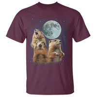 Maroon crewneck T-shirt with moonlit graphic of three groundhogs
