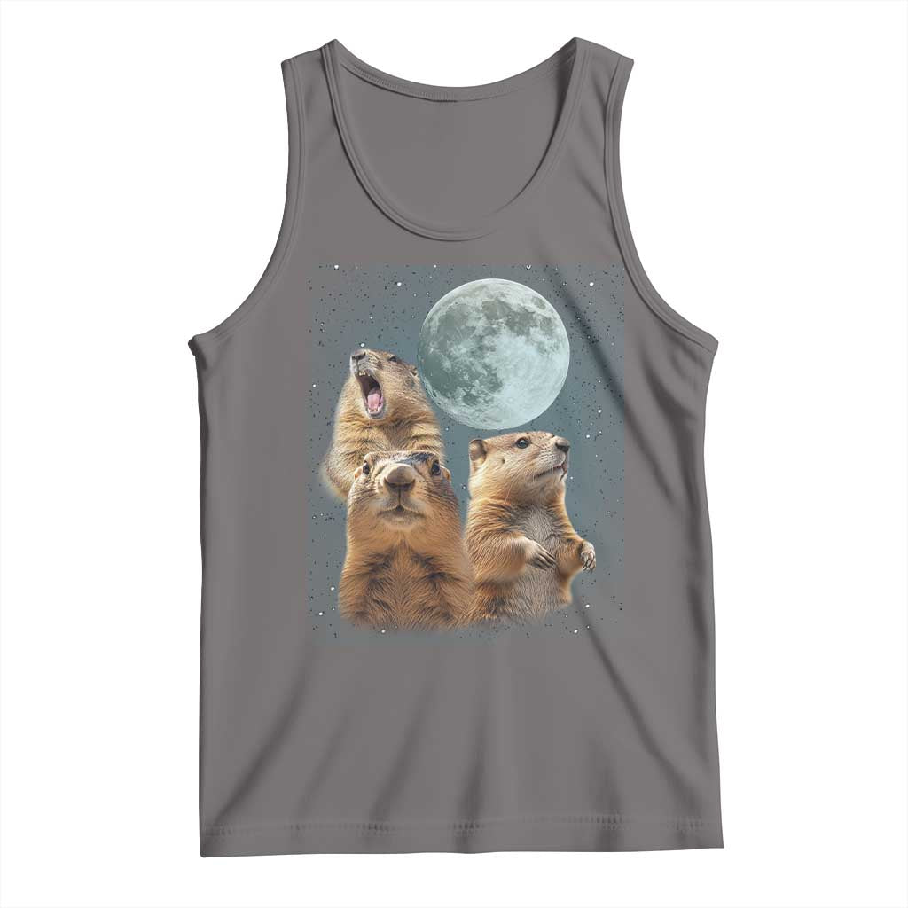 Heather gray sleeveless tank top with groundhog graphic and large moon print