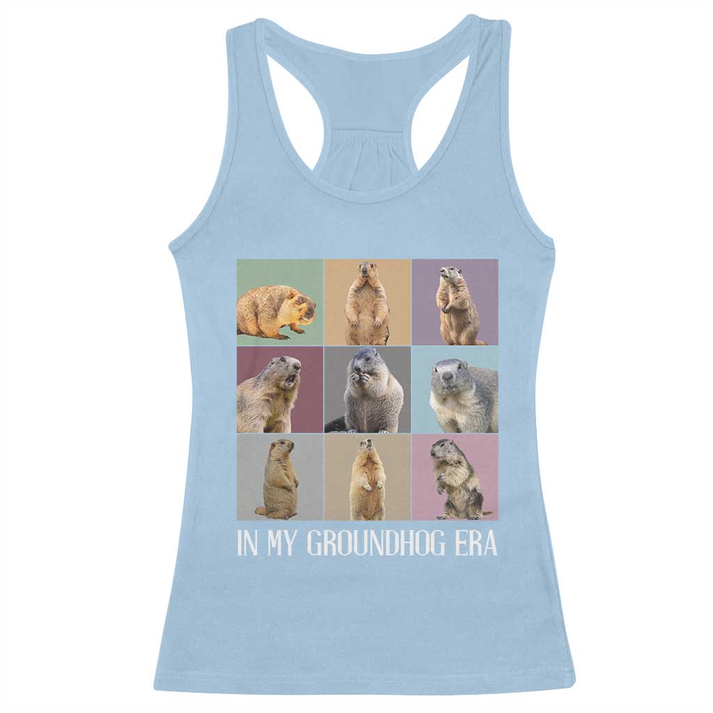 Light blue racerback tank top with groundhog photo collage and text "IN MY GROUNDHOG ERA".