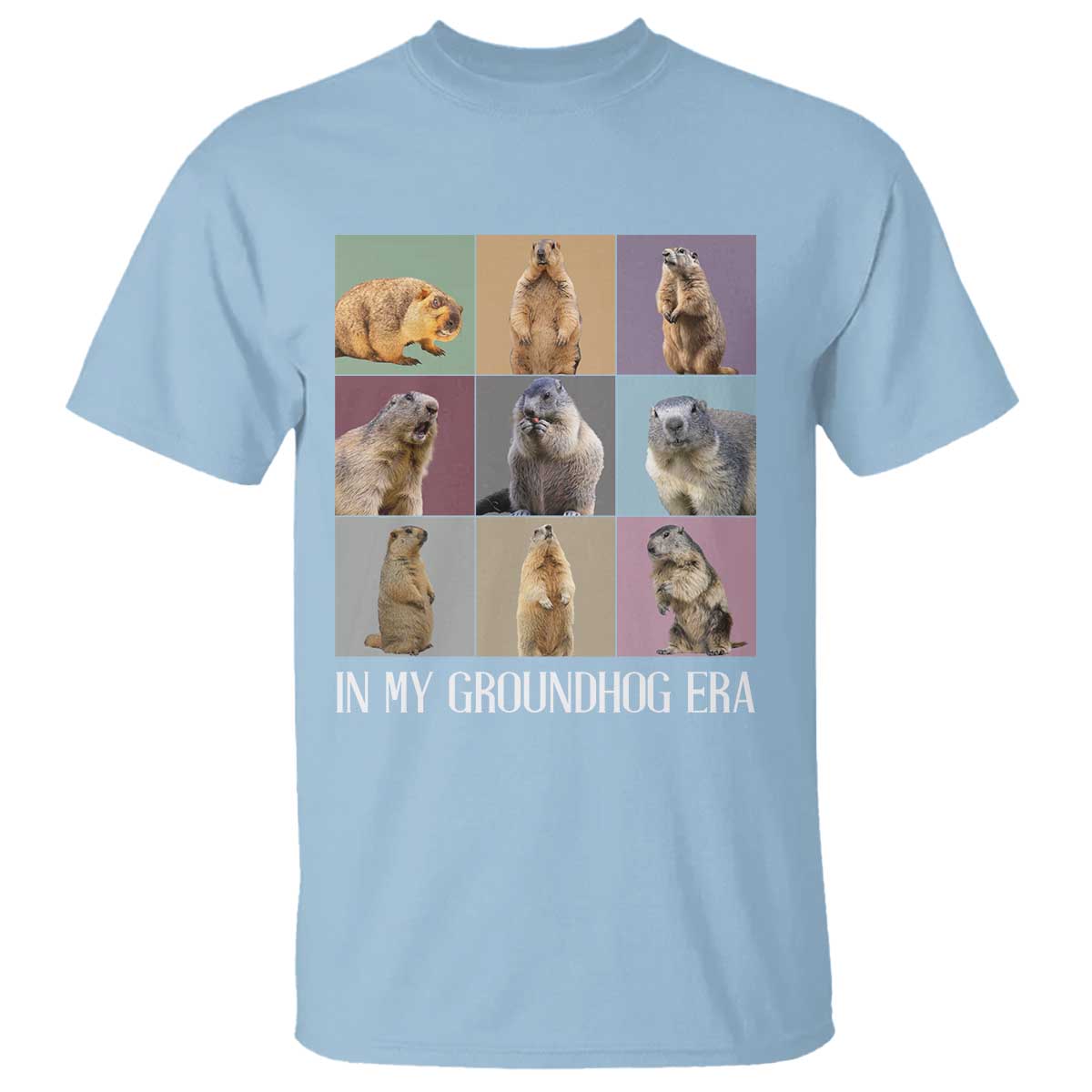 Light blue T-shirt with woodchuck photo collage graphic on front