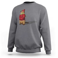 Charcoal gray crewneck sweatshirt with cartoon groundhog shadow graphic on chest.