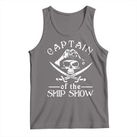 Pirate skull graphic tank top, sleeveless crew neck, dark gray