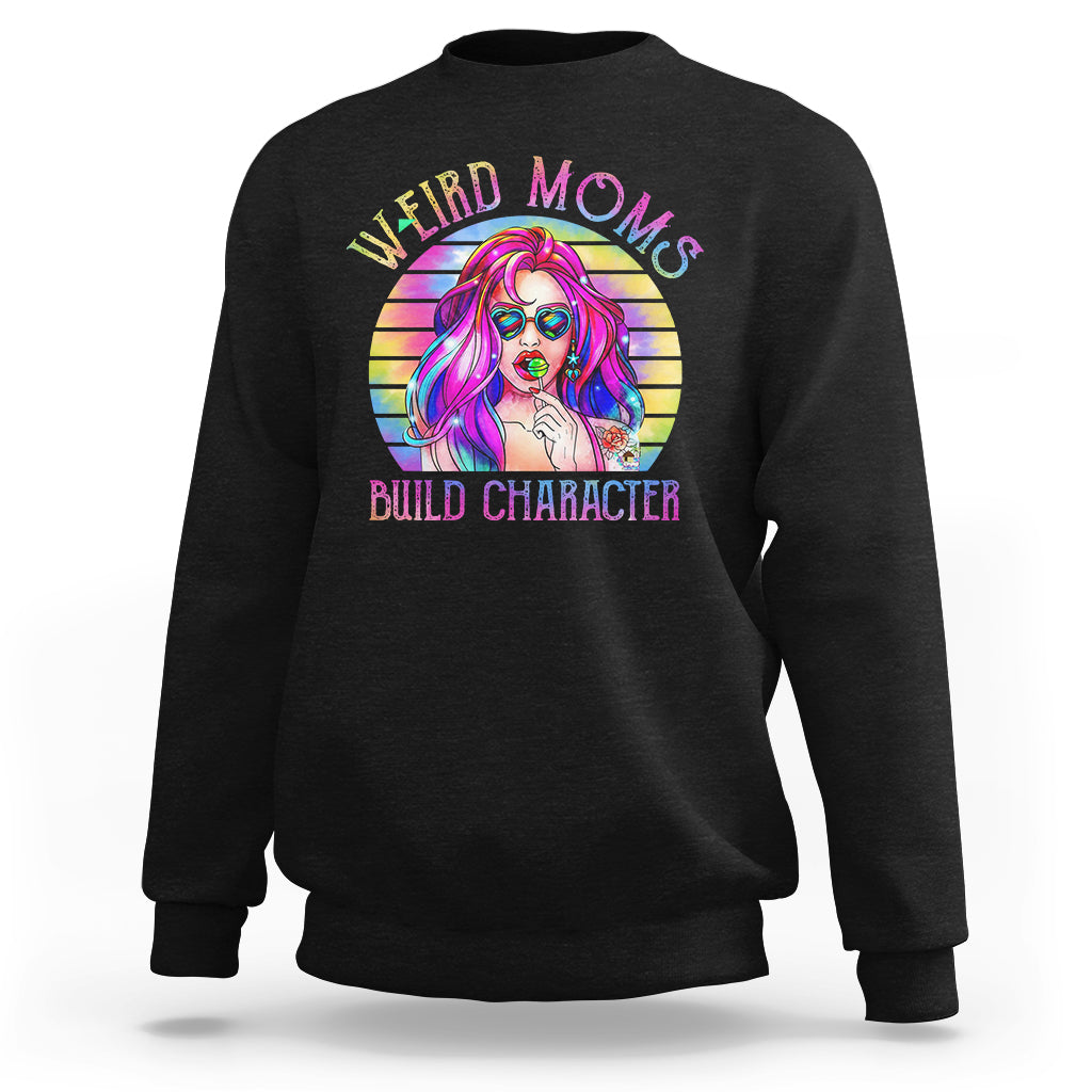 Black crewneck sweatshirt with colorful “Build Character” mom graphic on chest