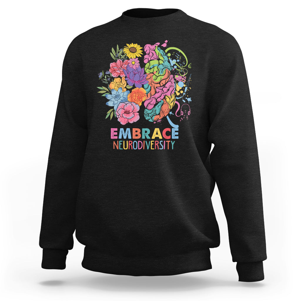 Black crewneck sweatshirt with colorful brain-and-flowers “EMBRACE NEURODIVERSITY” print