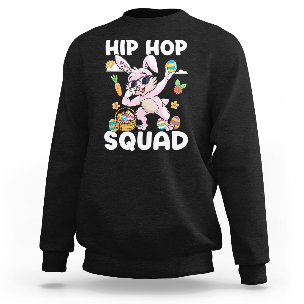 Kids black hoodie with dabbing bunny graphic and “HIP HOP SQUAD” text