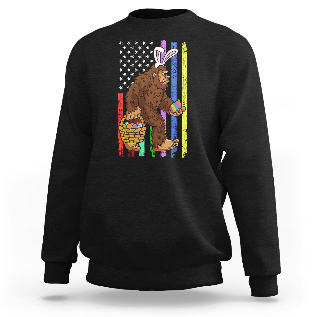Kids black sweatshirt with Bigfoot in bunny ears holding an Easter basket graphic