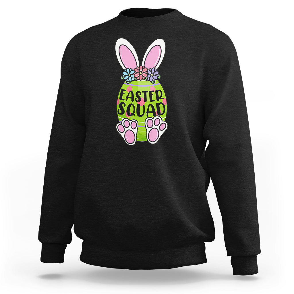 Black sweatshirt with Easter Squad bunny graphic on the back
