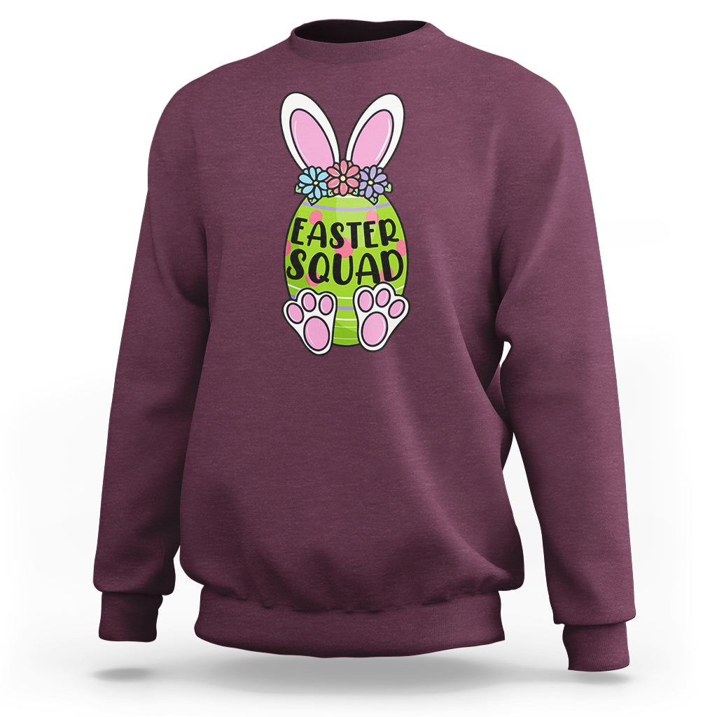 Maroon sweatshirt with Easter Squad bunny graphic on the back