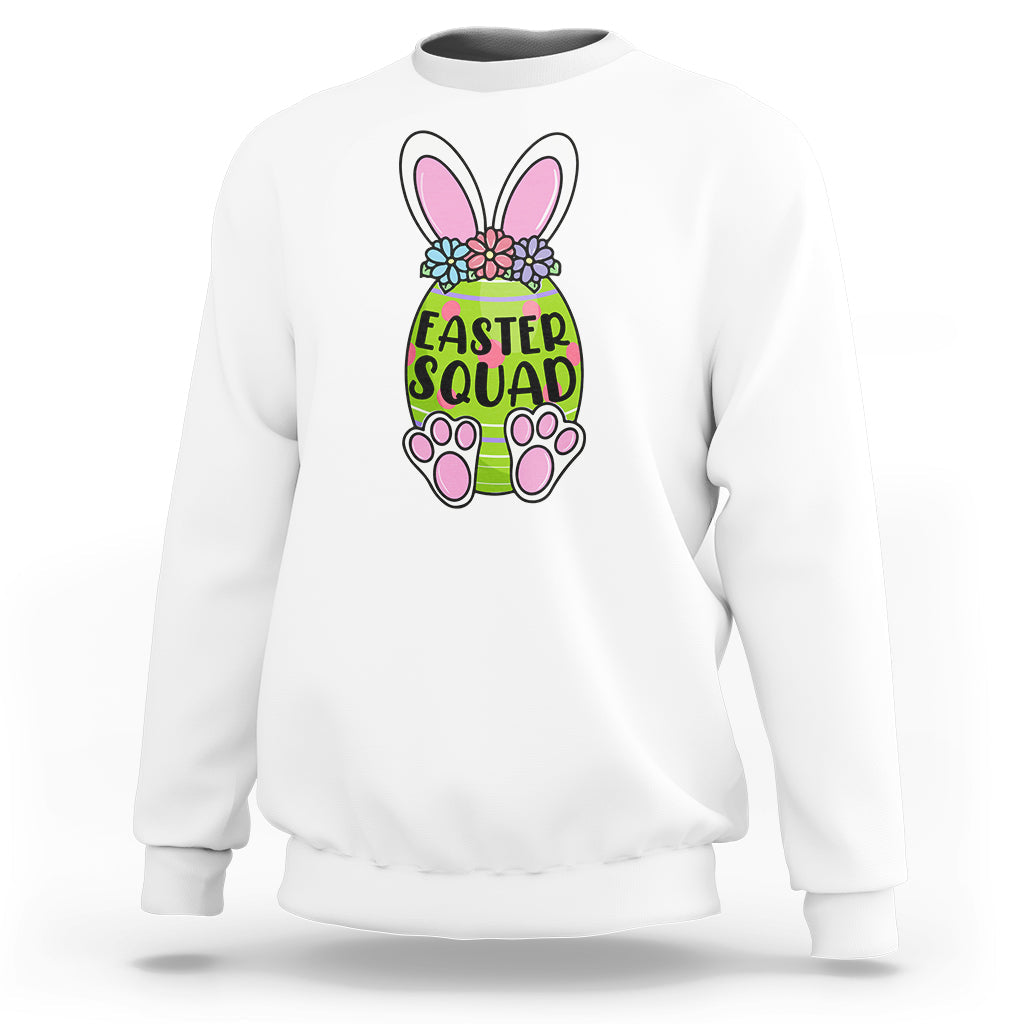 White sweatshirt with Easter Squad bunny graphic on the back