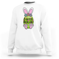 White sweatshirt with Easter Squad bunny graphic on the back