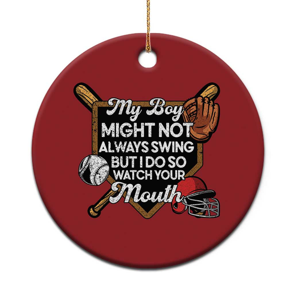 Red round baseball Christmas ornament with “My Boy” graphic, bat and glove design.