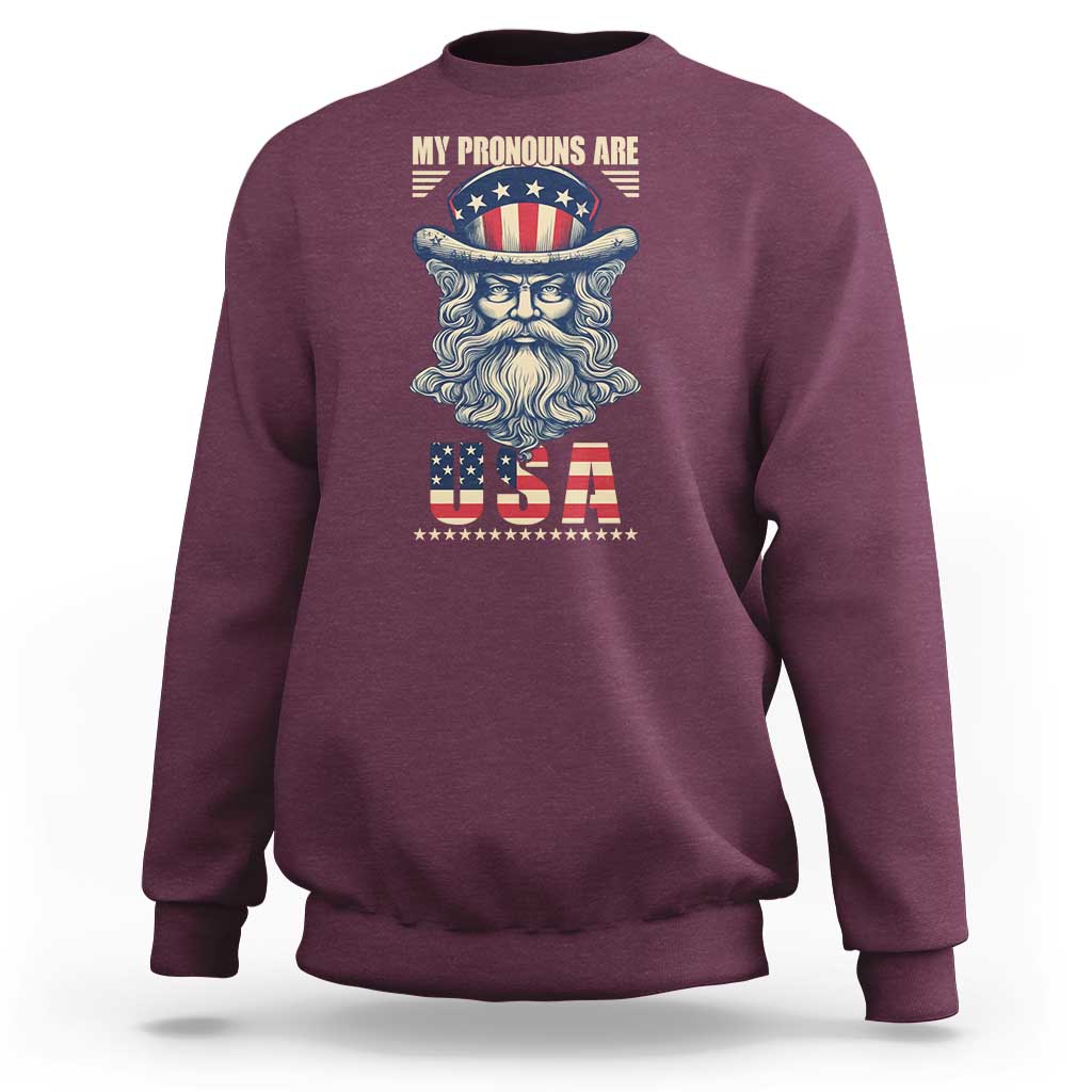 Maroon crewneck sweatshirt with USA Uncle Sam graphic on chest