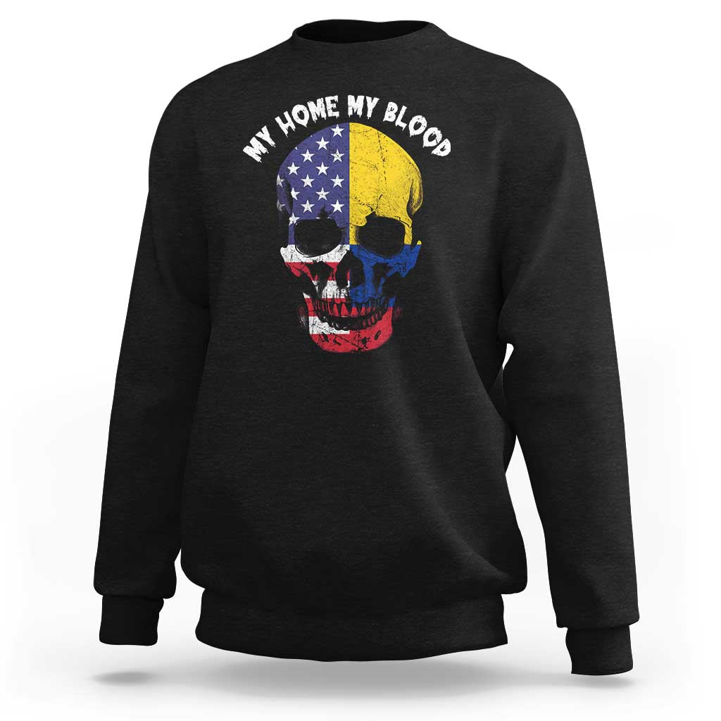 Black crewneck sweatshirt with skull and flag graphic on the back