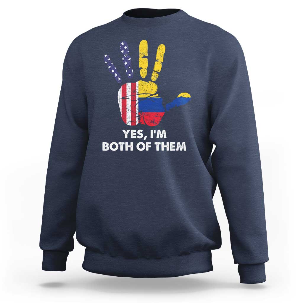 Navy sweatshirt with 'Yes, I'm Both of Them' flags hand graphic